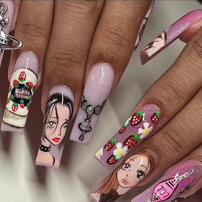 Nail Art Strawberry - Mittellange künstliche Nägel für Frauen, Cartoon-Mädchen,