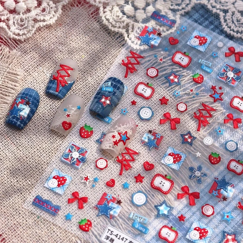 Nail Art Denim - Süße, coole Patchwork-Blumen-Stern-Quadrat-Denim-Design 3D Selbstklebende Nagelkunst-Aufkleber