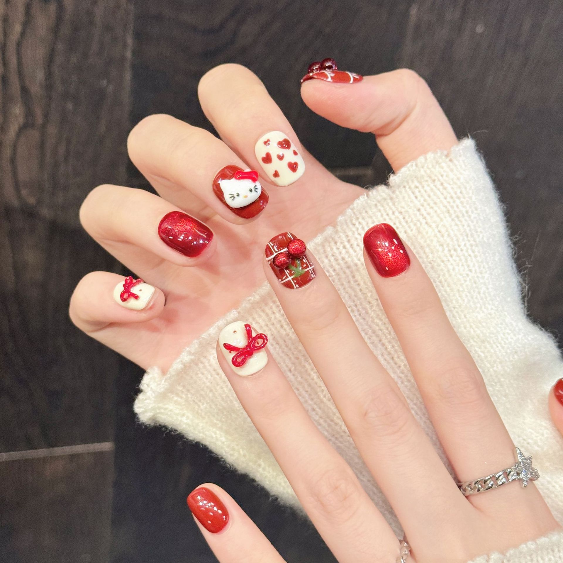 Nail Art Red Cherry - 10 Stück handgemachte Nagelkunst, rot-weiße Kirschblüten-Schleife,