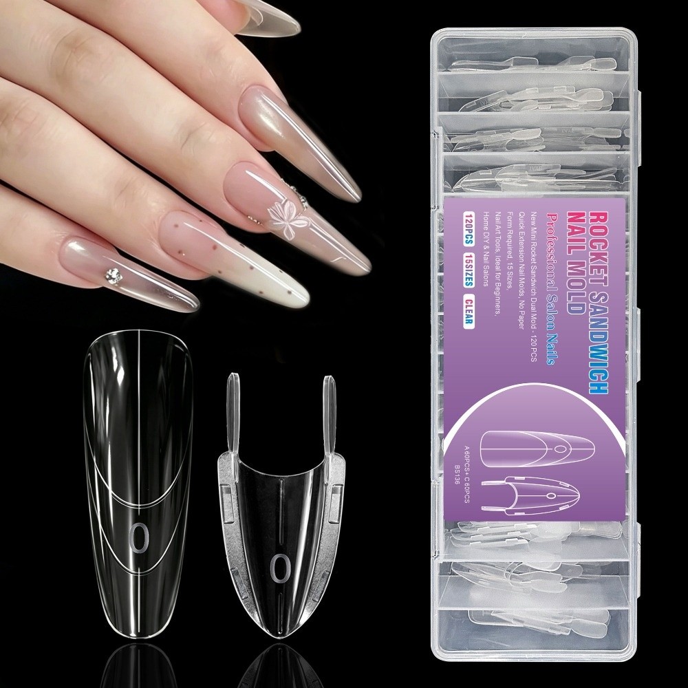 Nail Art Y2K - 120 Stück Raketenförmige Sandwich-Doppel-Nagelformen, Transparente DIY-Nagelkunst-Nagelformen,