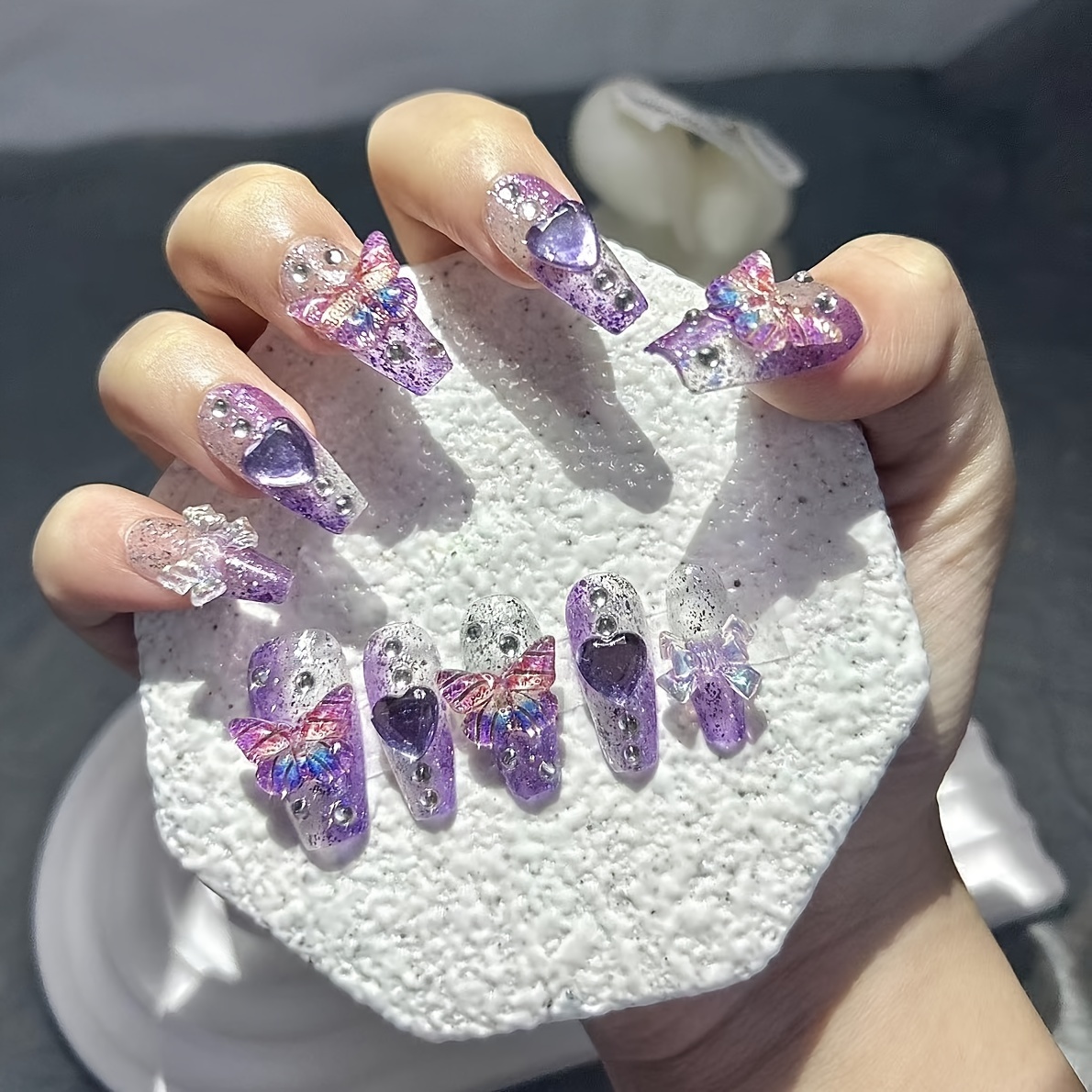 Nail Art Y2K - 10-teilige lila Fantasy-Schmetterlings-Kunstnägel, Herz, Diamant, funkelnder