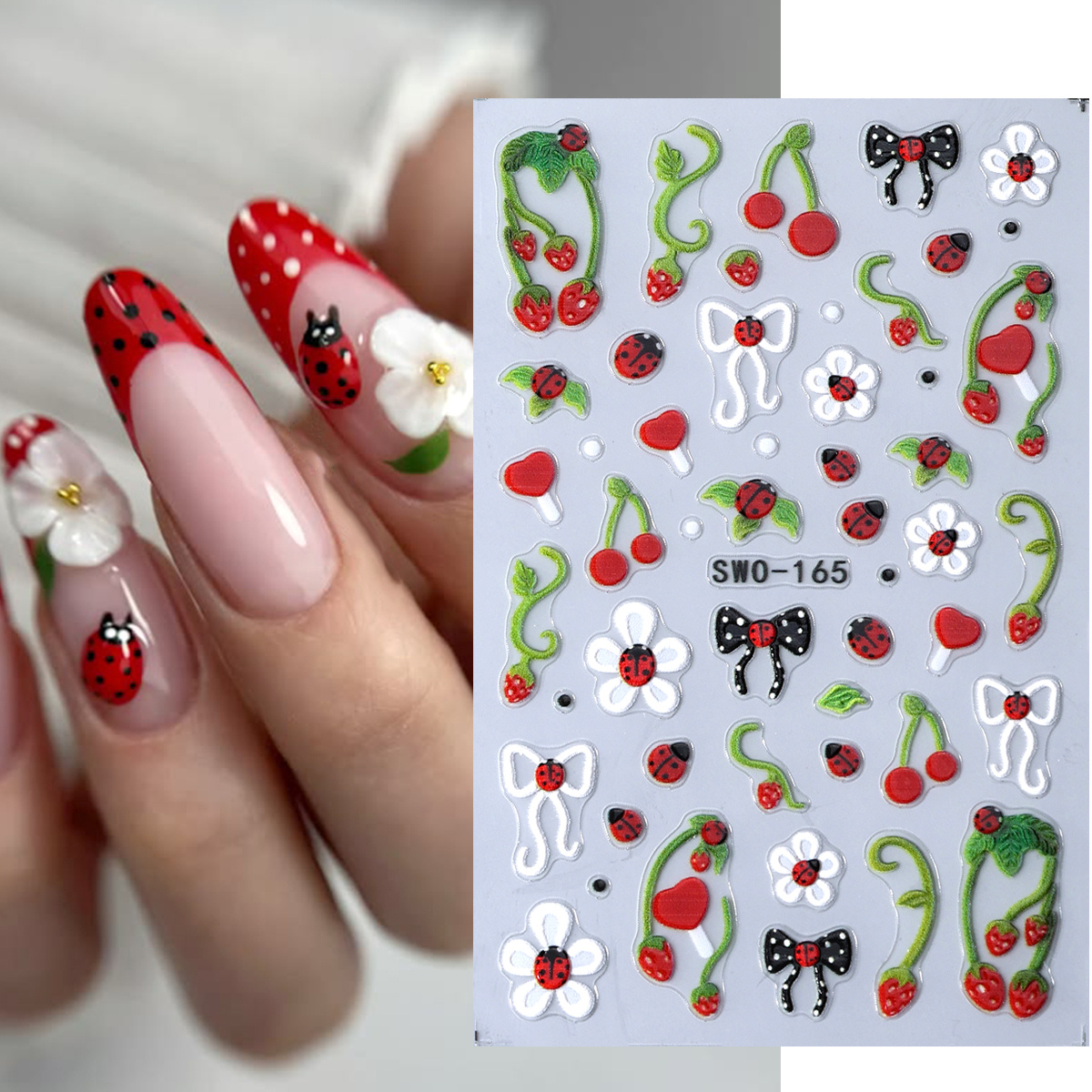 Marienkäfer-Blumen-Nagelaufkle – Nail Art Strawberry Bewertung und Preis